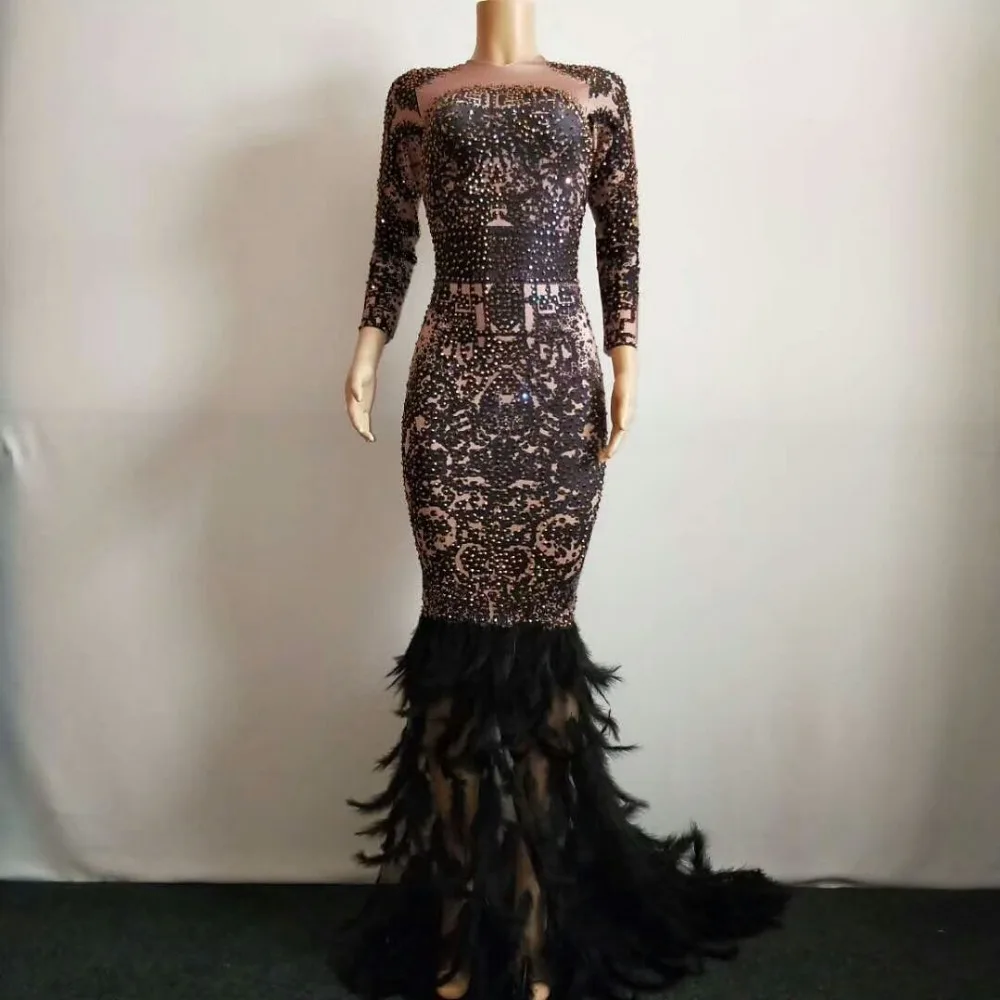 

Full Rhinestone Feather Tail Dress Stretch Long Dress Sexy Stage Wear Birthday Party Celebrate Women Dance Dress Evening Outfit