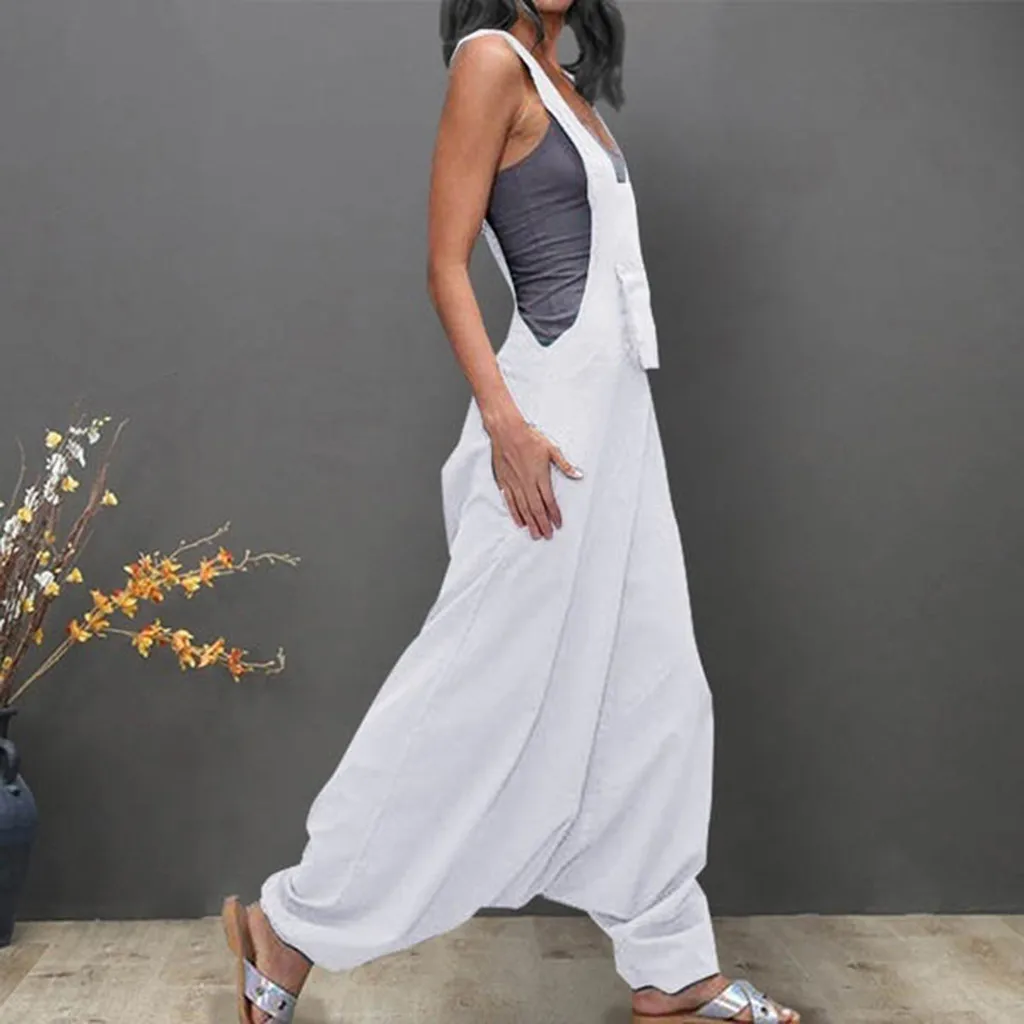 Women Jumpsuits Plus Size U Neck Sleeveless Backless Side Pockets Baggy Long Jumpsuits Ladies Romper Womens Jumpsuits Overall#35