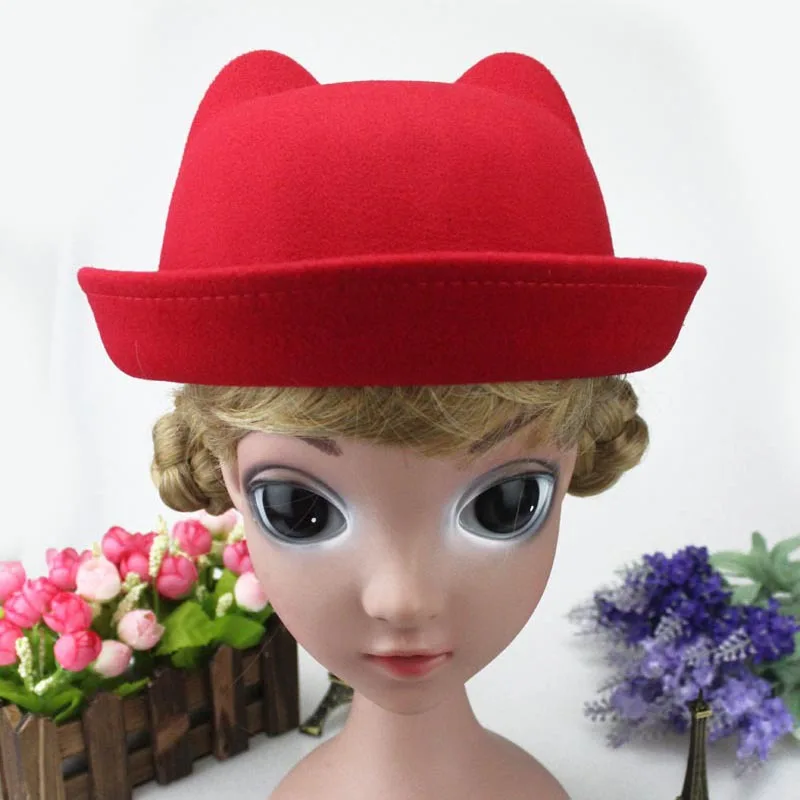 Girls Children Fedoras Hat Spring Bowler Hat Roll Brim Dome Top Devil Horns Cat Ear Felt Wool 20