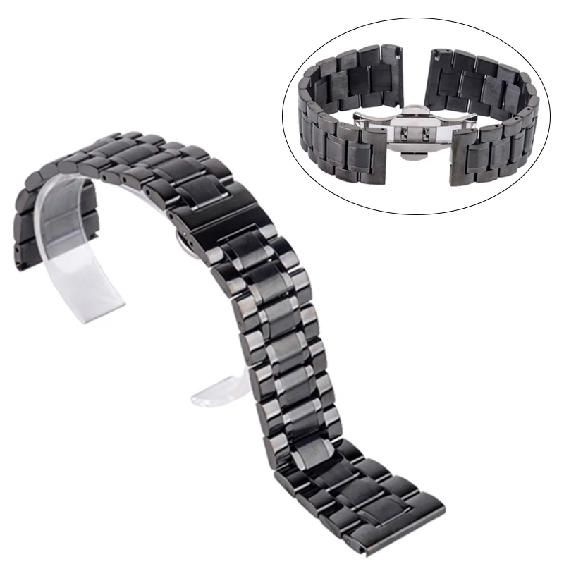 Shellhard New High Quality Silver Black Rose Gold Watchband Stainless Steel Butterfly Clasp Buckle Straight End Watch Band Strap