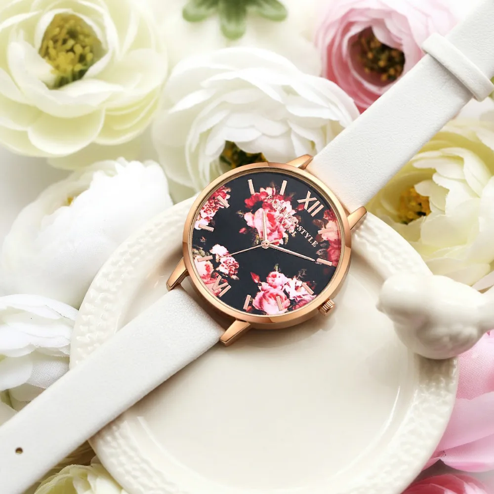 

Ladies Luxury Flower Watch Fashion Women Dress Watch High Quality Leather Strap Rose Gold Women Watch Casual Quartz Wrist Watch