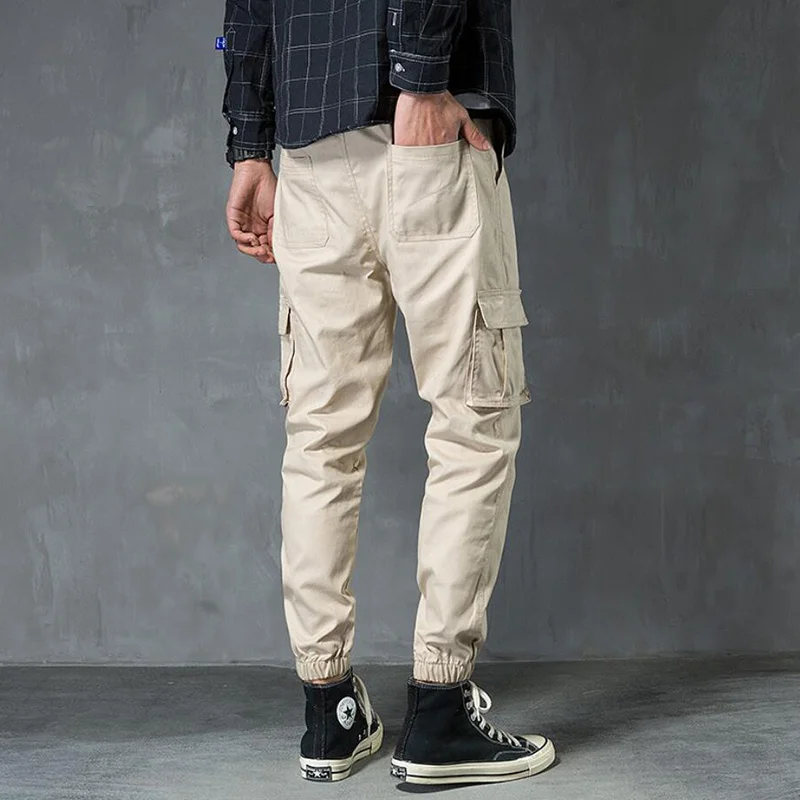 Hip hop overalls cotton band foot no elastic tether mid waist multi-pocket solid color loose nine points trousers free shipping