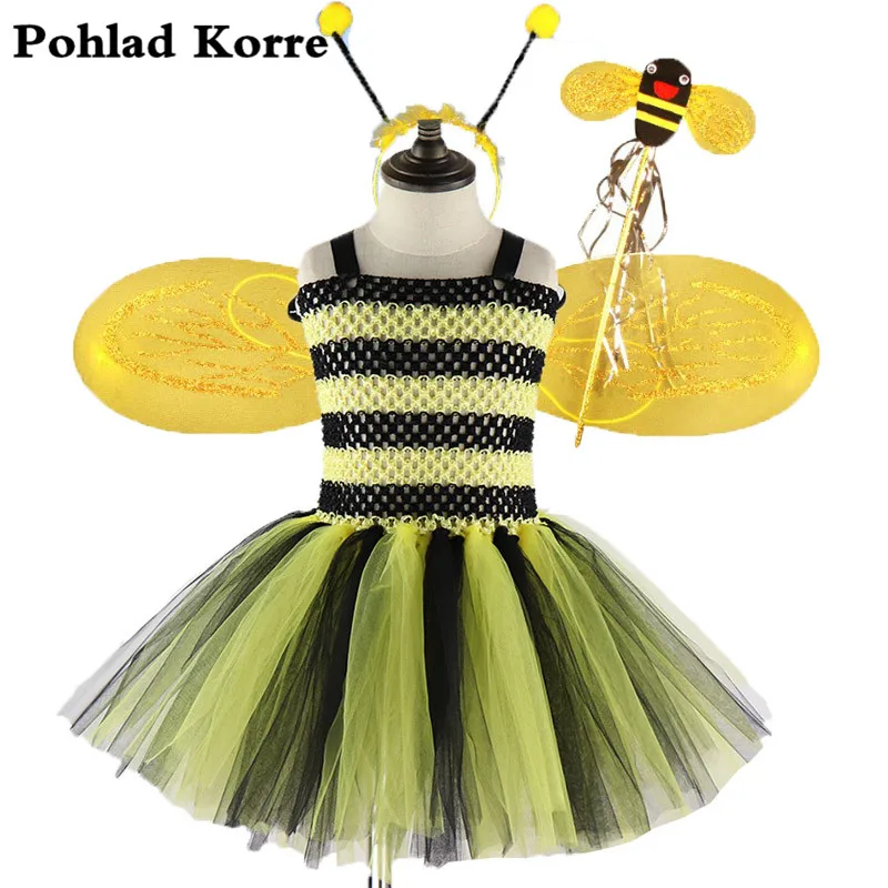 Детский желтый костюм пчелы, комплект из 4 предметов, милое платье-пачка с крыльями для девочек, праздничные платья на день рождения детский костюм на Хэллоуин, косплей, XX0