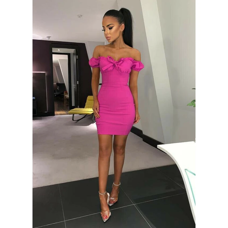 Оборки, открытые плечи Женские спереди бант с коротким рукавом Bodycon вечернее платье для вечеринки, клуба, мини платье