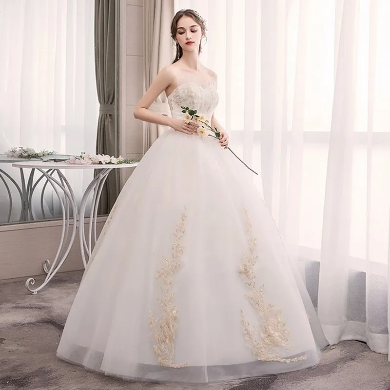 Gold Appliques Lace Wedding Dresses 2019 Ball Gown Sweetheart Vestidos de Novia Lace-Up Back Wedding Bridal Gowns (2)