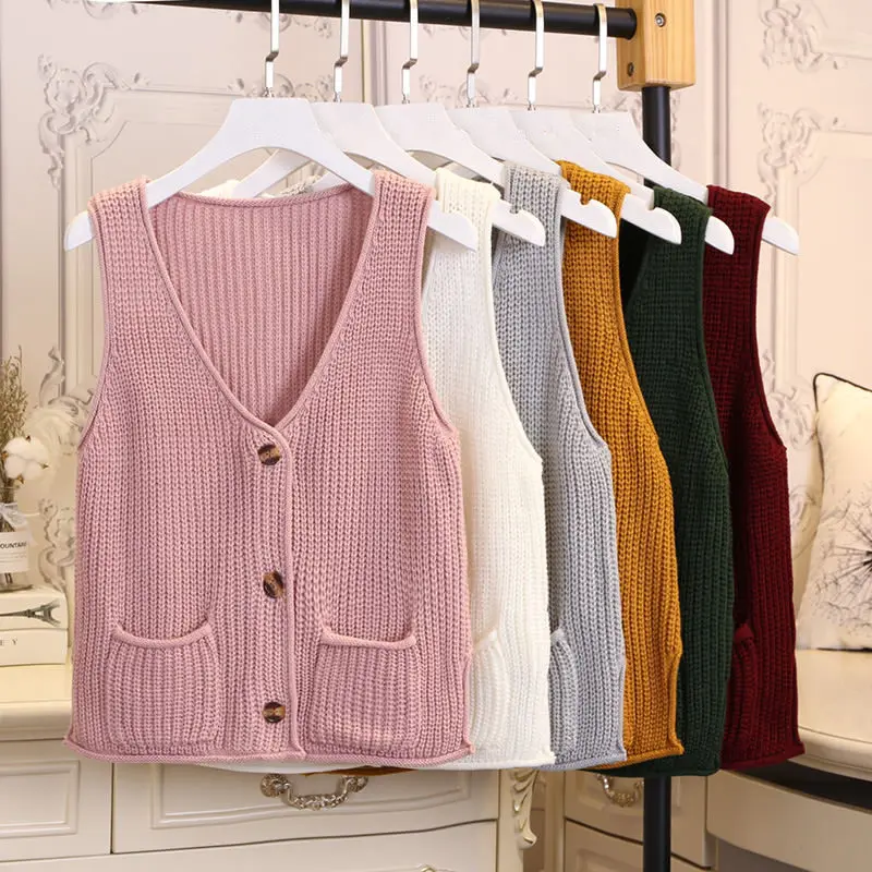 

Spring Autumn Knitted Sweater Vest Women Casual Cardigan Short Vest Femme Button Sleeveless Vintage Waistcoat Ladies Tops Q1093