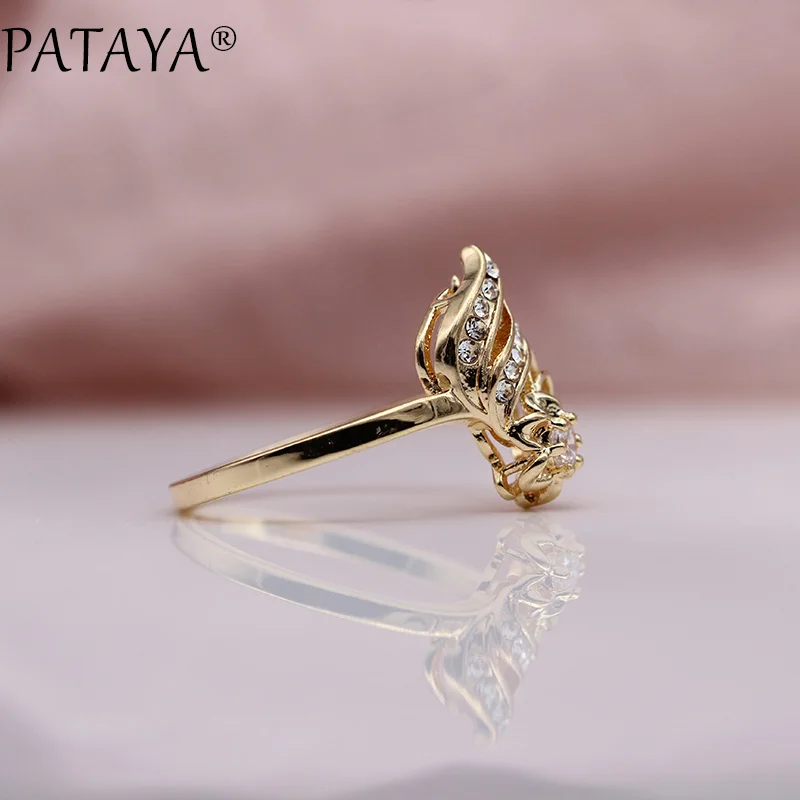 PATAYA New 585 Rose Gold White Rhinestones Round Natural Zirconia Rings Women Wedding Party Cute Girls Simple Fine Gift Jewelry