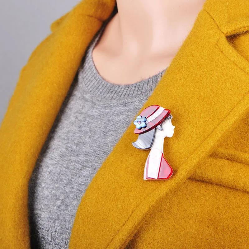 Blucome Fashion Red Hat Girl Shape Brooch Natural Texture Acrylic Brooches Jewelry For Women Suit Coat Scarf Accessories Pins