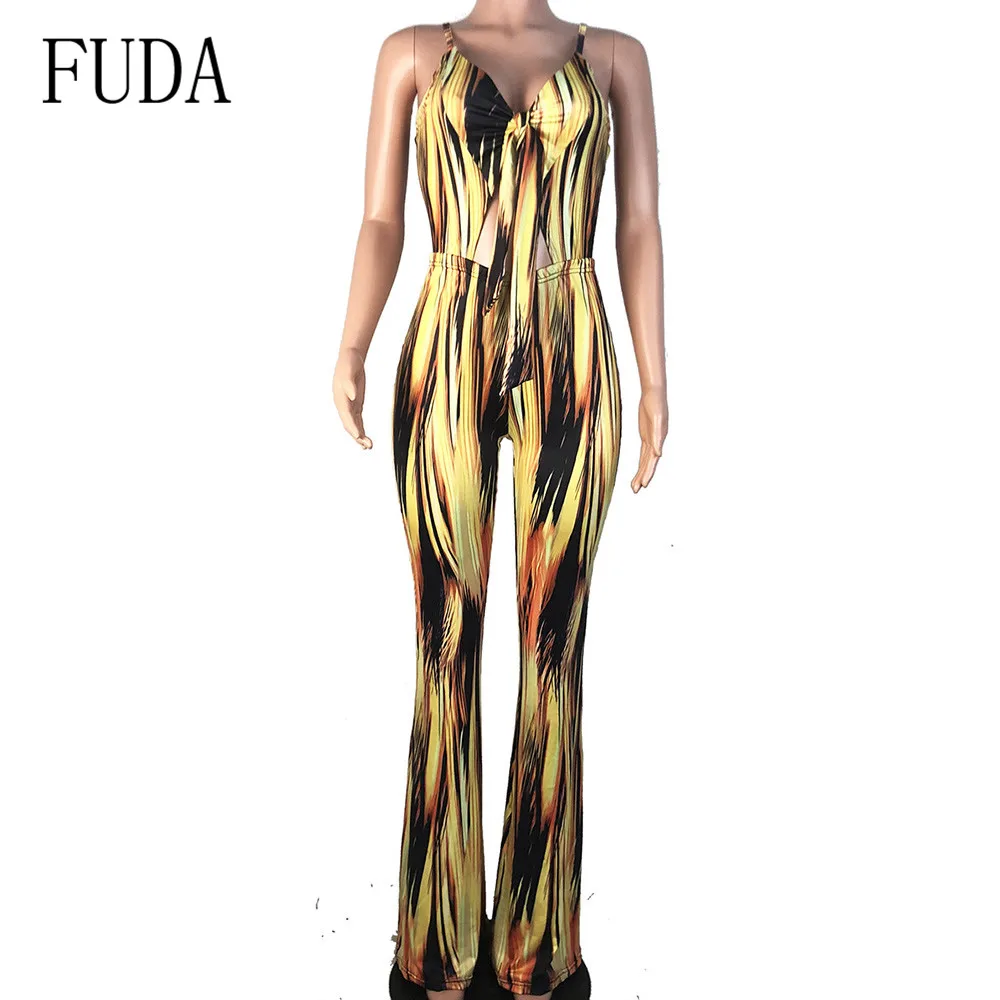 FUDA Temperament Women's Print Irregular Striped Jumpsuits Sexy Hollow Out Sleeveless Loose Playsuits Female Summer Body Femme FUDA Temperament Women's Print Irregular Striped Jumpsuits Sexy Hollow Out Sleeveless Loose Playsuits Female Summer Body Femme