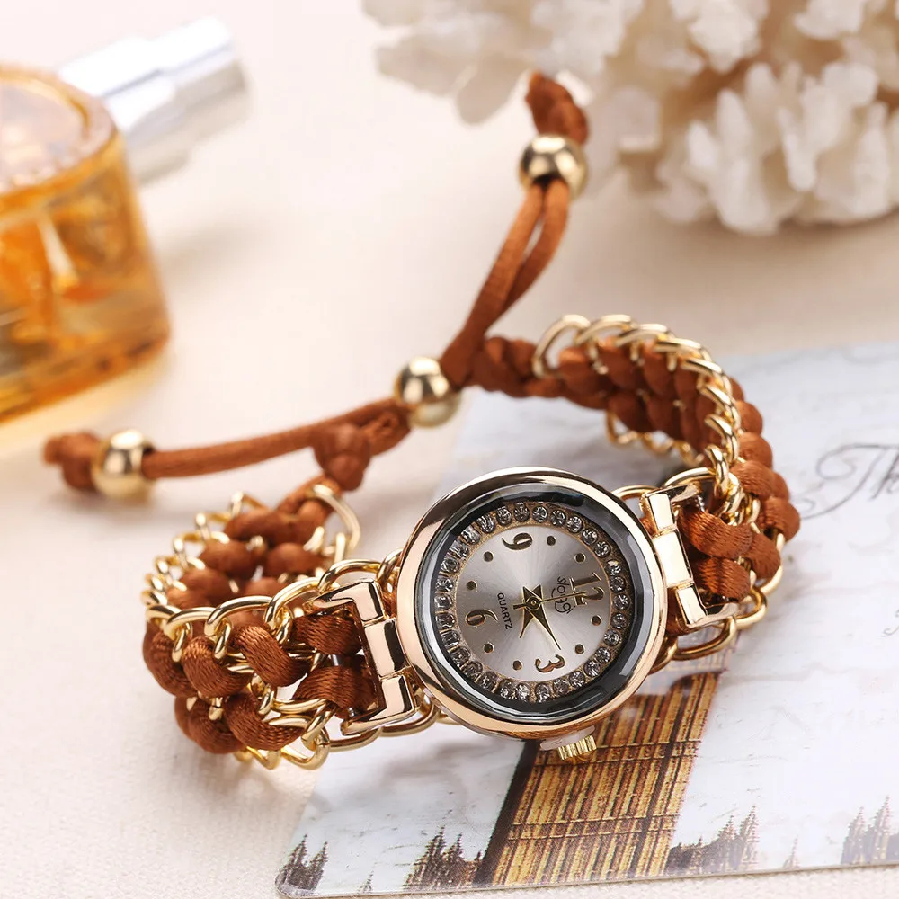 Для женщин часы модные женские тесьма для вязания цепи обмотки горный хрусталь циферблат браслет кварцевые наручные часы relogio feminino