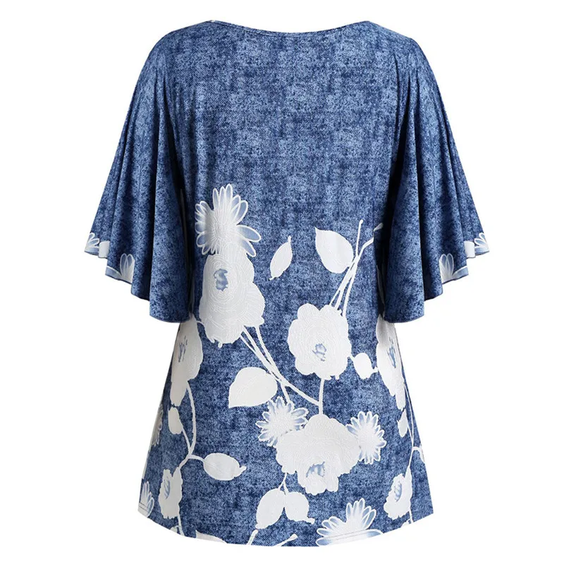 Большой размер туника рубашка модная женская цветочная печать o-образным вырезом блузка короткий рукав Топы Блузка 5 XL camisa feminina FD