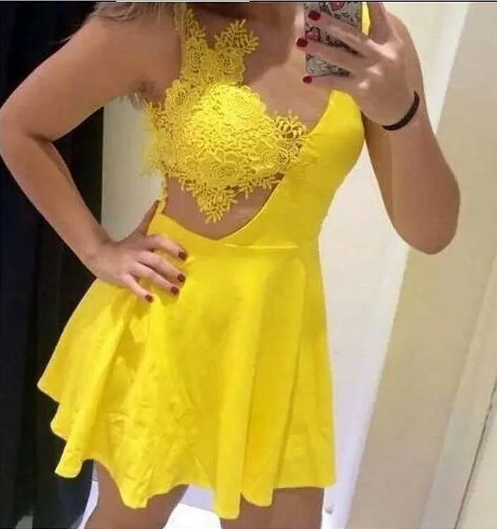 yellow lace dress short