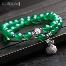 Aladdin Verde Natural Pulseira Calcedônia Muitas voltas Cristal Catenária Mão Acessórios de Prata para o amigo mulheres/homens presentes de Natal