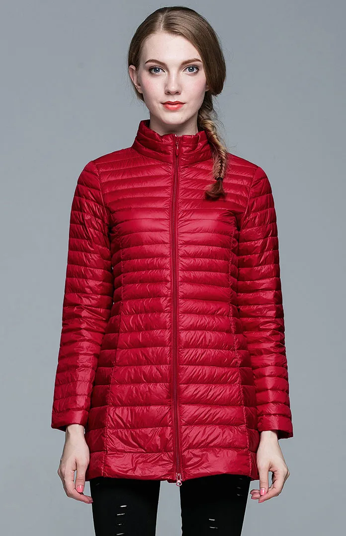 Женский пуховик из 90% белогоутиного пуха, ультра легкий пуховик，легкаяодноцветная куртка, осенняя и зимняя модная портативная куртка - Цвет: Красный