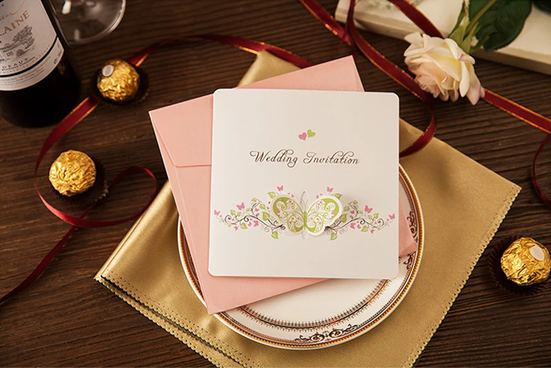 50 pieces/lot) Korean Style Pop Up Butterfly Wedding Invitation Card Printable& Customize White Marriage Cards IC026