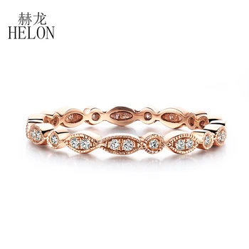 

HELON Natural Diamonds Band Antique Art Deco Solid 10K Rose Gold Diamonds Engagement Wedding Ring Fine Jewelry Women's