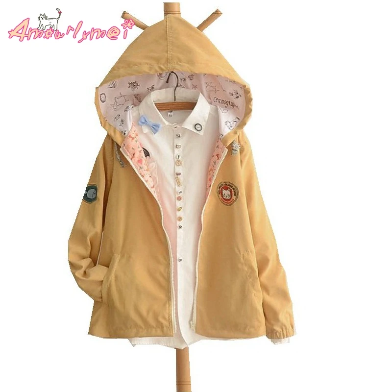 

2018 Spring New Women Jacket Japanese style Mori Girl Cat Embroidery Solid Casual Loose Long Sleeve Hooded Outerwear Female Coat