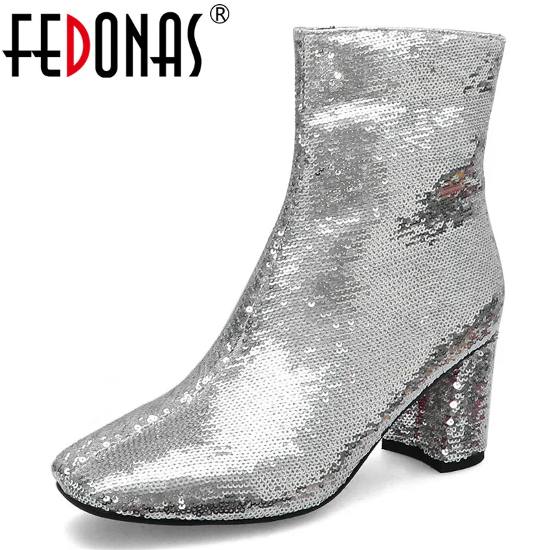 

FEDONAS Fashion Punk Blingbling Sequined Cloth Women Mid-calf Boots Classic Square Toe High Heels Chelsea Boots New Party Shoes