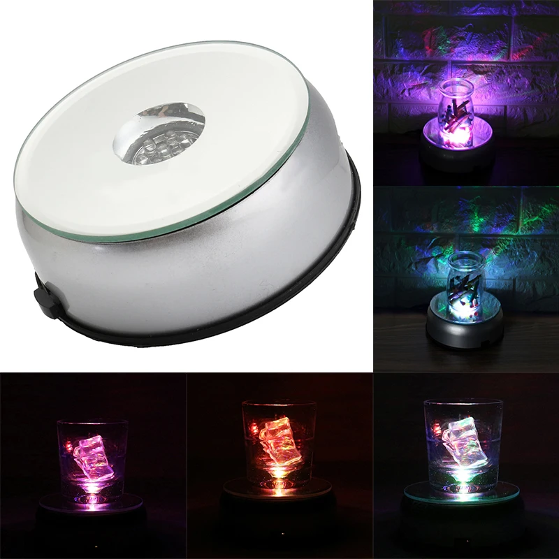 

Silver 7 LEDS 4'' Unique Rotating Crystal Display Base Stand White Light W/AC Adapter