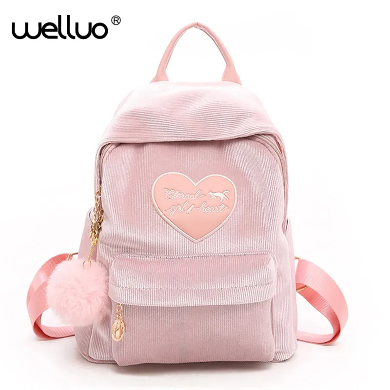 

Preppy Style Soft Fabric Pink Backpack Female Corduroy Design School Backpack For Teenage Girls Striped Backpacks Women XA519WB