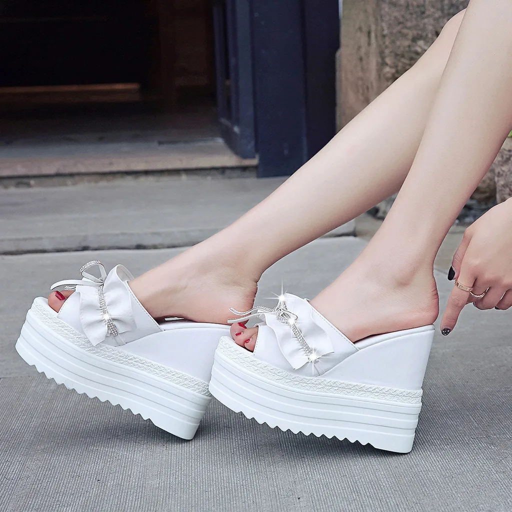 

MUQGEW Summer Slippers Women PURE Color Crystal Platforms Floral Wedges Butterfly Knot Super High Heels Shoes Outdoor Slippers