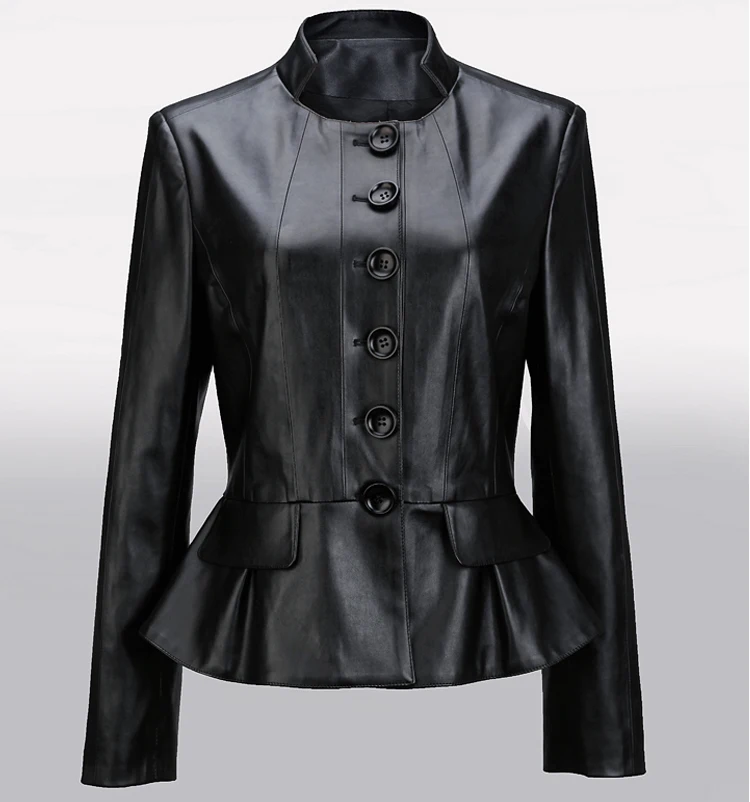Весенняя женская кожаная куртка из натуральной овечьей кожи, Черная Женская Сексуальная короткая куртка с оборками на пуговицах