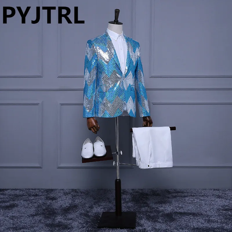 

PYJTRL Men Fashion Blue Green Sequins Tuxedo Stripe Paillette Stage Singers Wedding Groomsman Slim Fit Suits Sequin Jacket Pants