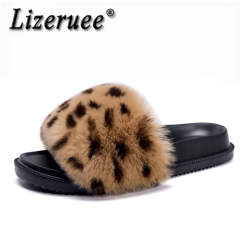 Lizeruee/летние женские меховые тапочки; коллекция года; повседневные женские тапочки с кроличьим мехом; Домашние меховые Мягкие Шлепанцы на плоской подошве; F7