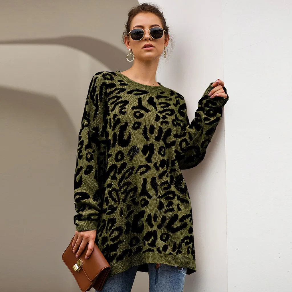 

feitong casaco feminino Women Knitted Leopard Print Long Sleeve O-Neck Sweater sueter mujer invierno 2019 winter clothes women