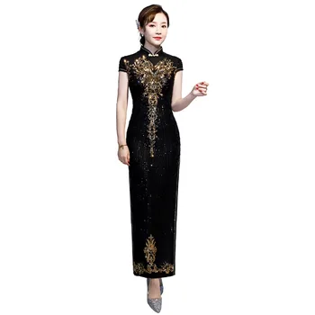 

Shanghai Story long fashion design Sequins Flower embroidered High Split chinese style cheongsam dress