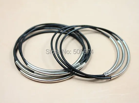 

Genuine Leather Bracelet with Gold or Silver Tube Accents Bohemian Stackable Bangle Black