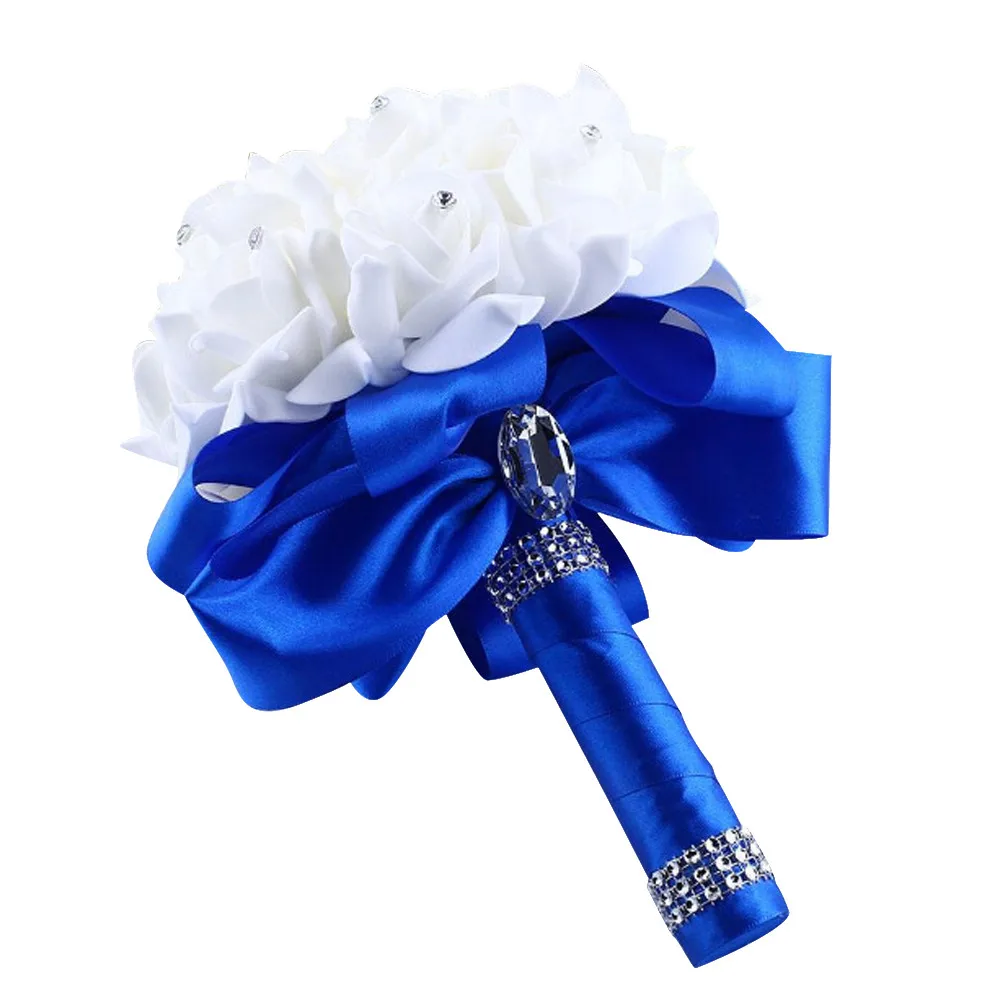 Элегантные королевские синие фиолетовые красные розы Искусственные Свадебные цветы букет невесты для свадебного букета со стразами украшение из шелковой ленты A60