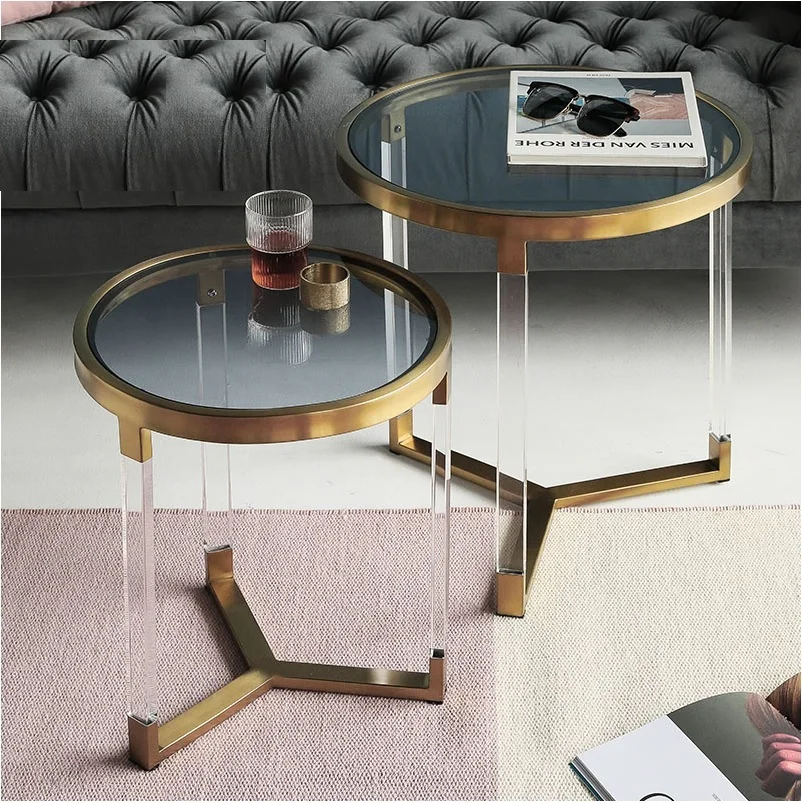 2pcs PACK Round Coffee Table / 57cm +50cm High / Gold, Clear Acrylic and Glass Coffee Table 2pcs PACK Round Coffee Table / 57cm +50cm High / Gold, Clear Acrylic and Glass Coffee Table