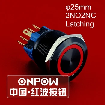 

ONPOW 25mm 2NO2NC Latching Aluminium Alloy black anodized ring LED Metal Push button switch (GQ25-22ZE/R/12V/A) CE, ROHS