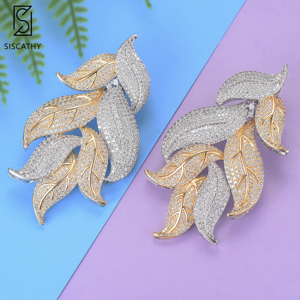 

39*73mm Deluxe Nigerian Wedding Earrings For Women Leaf Shape Cubic Zirconia Inlaid Drop Earrings boucle d'oreille