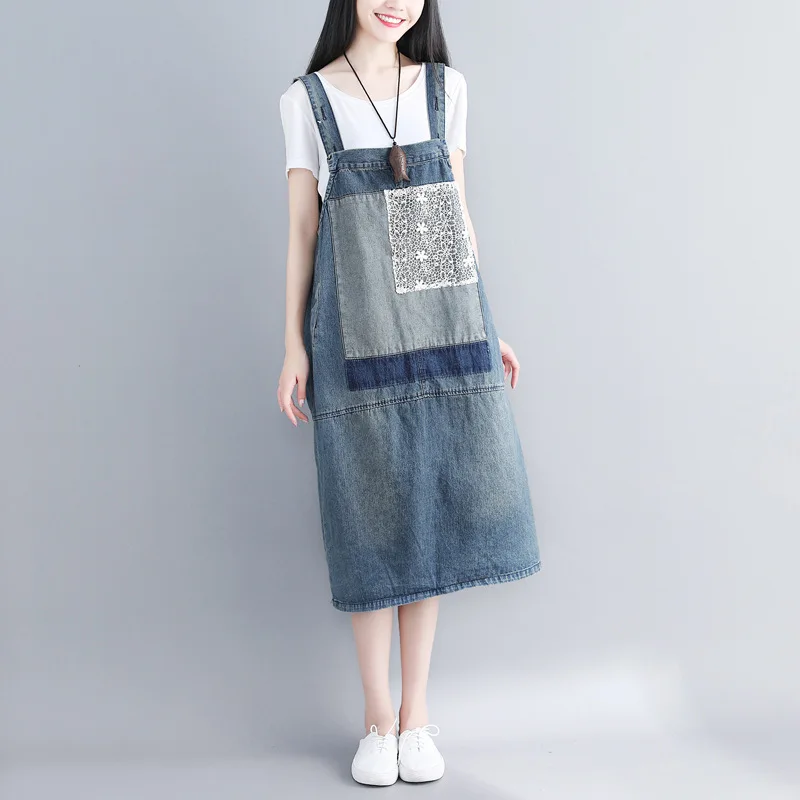 

Women Bib Denim Dress Vintage Big size Suspender Jean Dress Sleeveless Patchwork Bleached Baggy cowboy Long Dresses YT427