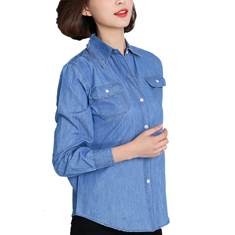 

add Pure cotton Size S-4XL Cowboy blue joker loose lovers coat European women Long Sleeve Casual Denim shirts high quality