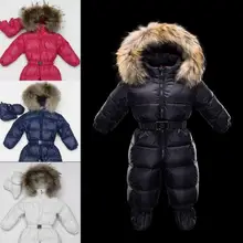 2018 New Winter baby snowsuit newborn warm duck down 100 Real Raccoon fur hooded jumpsuit infant