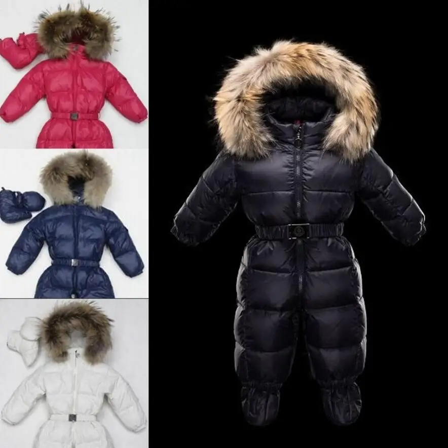 

2019 New Winter baby snowsuit newborn warm duck down 100% Real Raccoon fur hooded jumpsuit infant baby girls boys Bodysuits