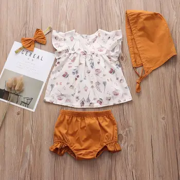 

Toddler Baby Girls Clothing Sets Cute Tops+Shots+hat+Headband 4Pcs Summer Baby Girl Outfits