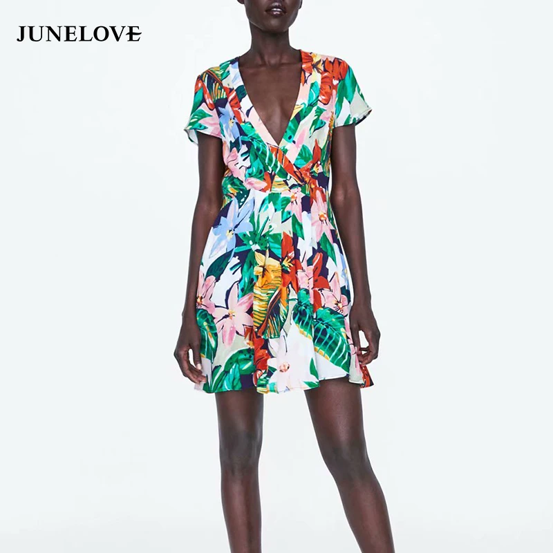 Женское платье с коротким рукавом JuneLove винтажное мини цветочным принтом
