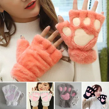 

Droppshiping Fashion Winter Women Plush Gloves Cute Bear Cat Claw Paw Mittens Short Fingerless Ladies Girls Half Finger Glove BF
