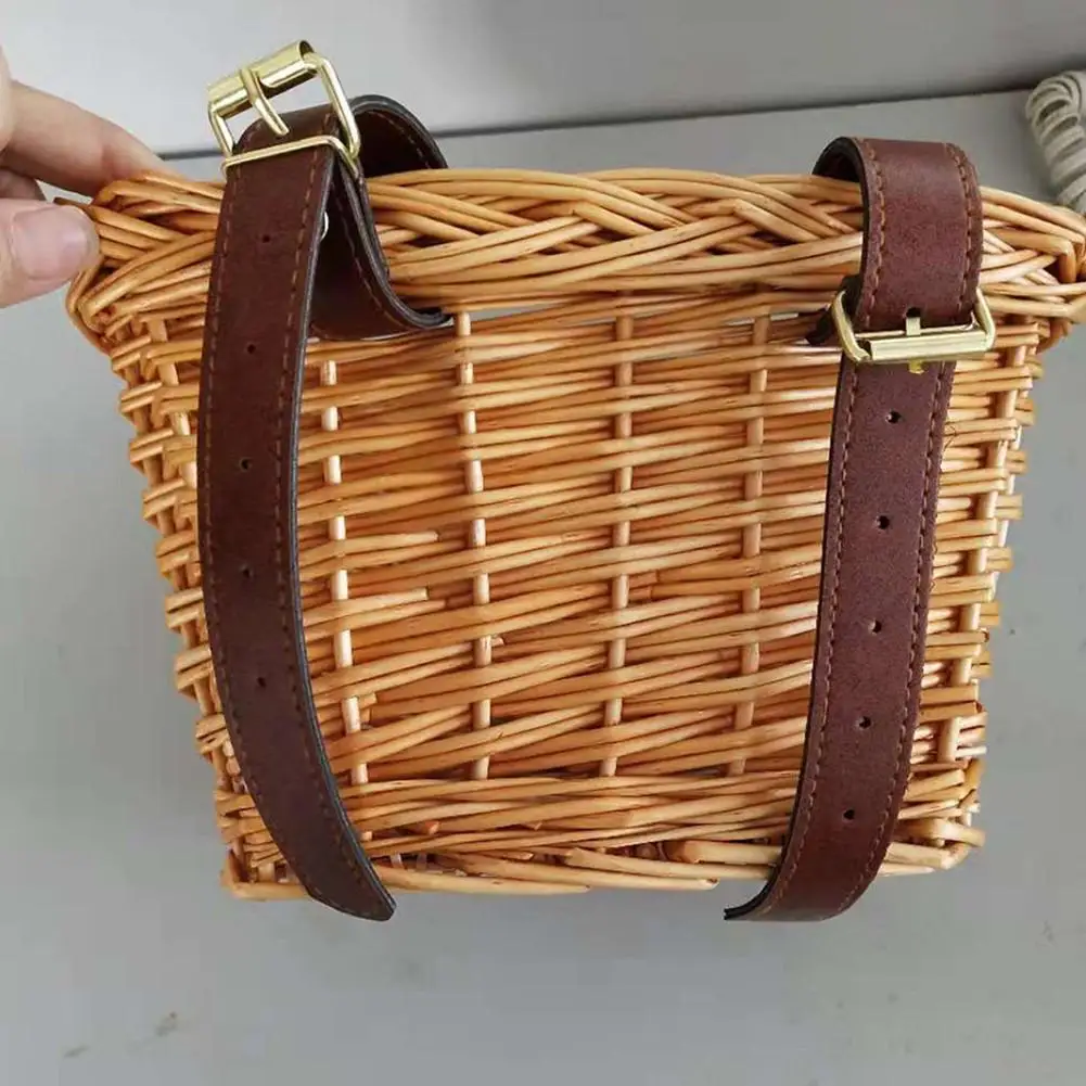 Sale Bicycle Wicker Front Basket Retro Handmade With Leather Straps Brown Handle Waterproof Outdoor Cycling Accessories 2 Sale Bicycle Wicker Front Basket Retro Handmade With Leather Straps Brown Handle Waterproof Outdoor Cycling Accessories 2