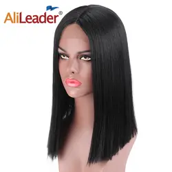 AliLeader Прямо Синтетические волосы на кружеве яки боб парик для африканского черного Для женщин 15 дюймов термостойкие волос средней части