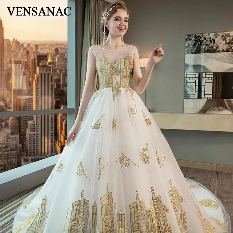 

VENSANAC Illusion O Neck Luxury Gold Lace Appliques Ball Gown Wedding Dresses 2018 Chapel Train Backless Bridal Gowns