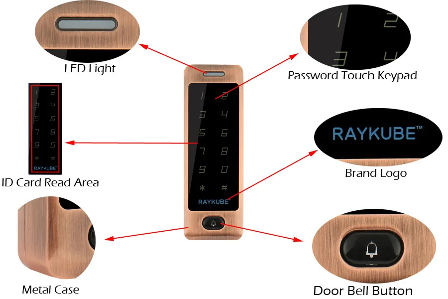 RAYKUBE доступа Управление RFID 125HKz металлический пароль сенсорная клавиатура для двери Система контроля доступа Водонепроницаемый IPX3 R-T04 красная бронза