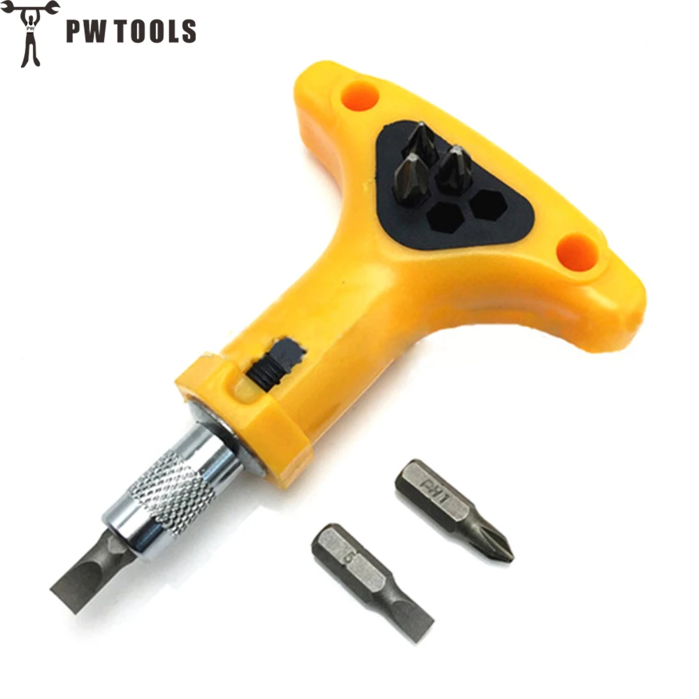 PW TOOLS 6 in 1 T Handle Anti slip Ratchet Screwdriver Bits Tool Set