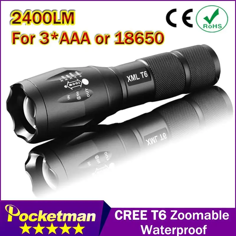 E17 CREE XM-L T6 2400Lumens cree led Torch Zoomable cree LED Flashlight Torch light For 3xAAA or 1x18650 Free shipping