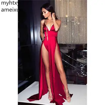 

2020 New Cheap Sexy Red Evening Dress Satin Side Split Formal Evening Dresses Prom Dresses Plus Size Custom Made Robe De Soiree