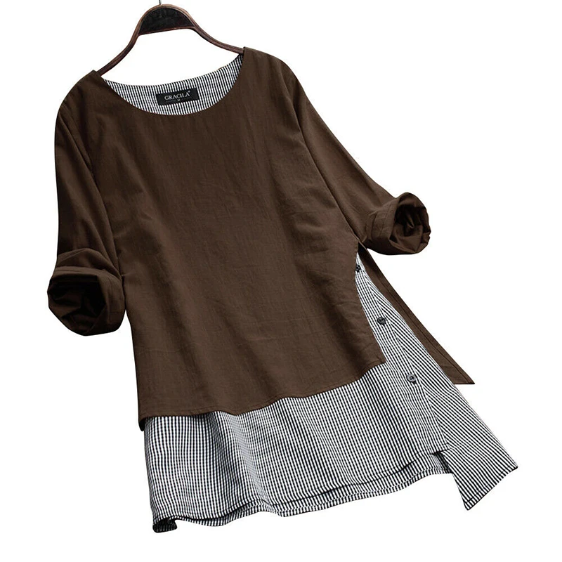 Linen Fake Two Pieces Shirt Dress Woman Casual Long Sleeve Dresses Lady Irregular Pullovers Dress Women Plus Size Blouse Dresses